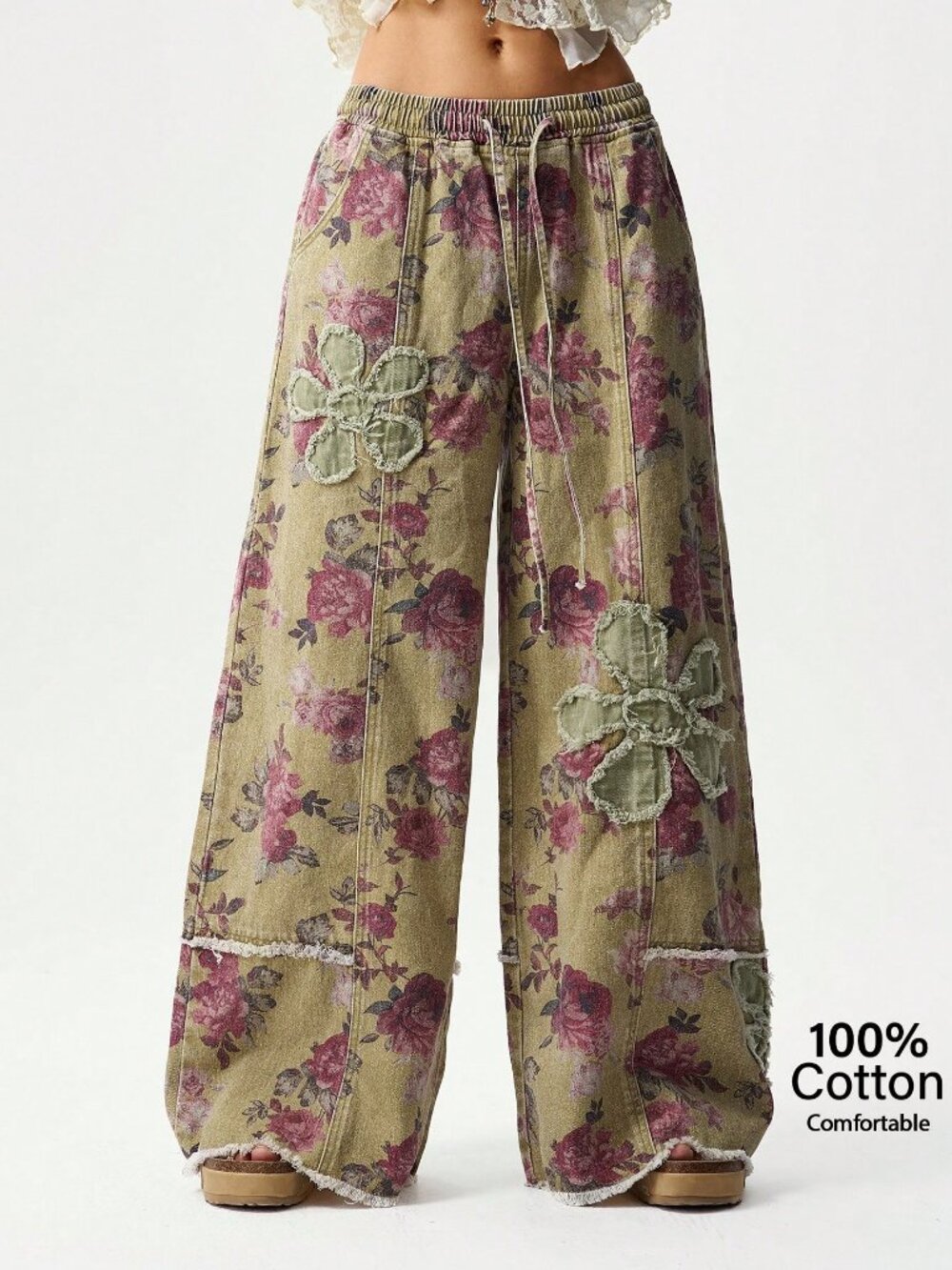 Boho Women's Casual floral with distress floral Jacquard Country wide-Leg Pants - Picture 5 of 6